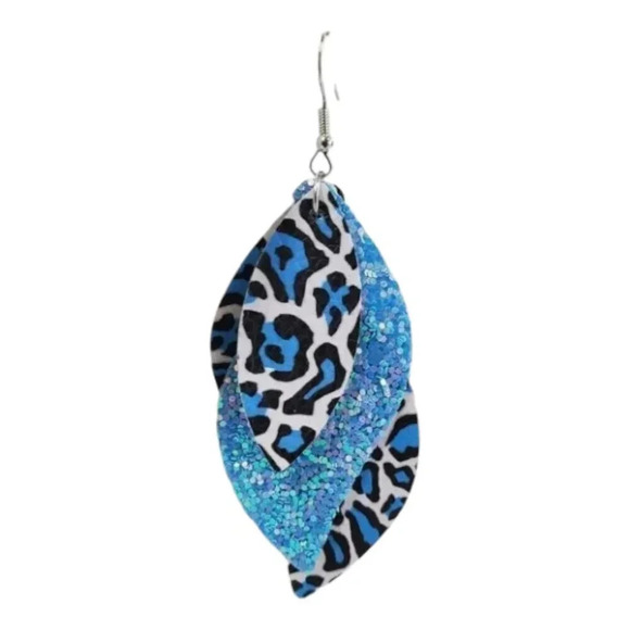 3 Layer Blue Sparkle Animal Faux Leather Dangle Chic Lightweight Earrings  3bl13 - Picture 3 of 6